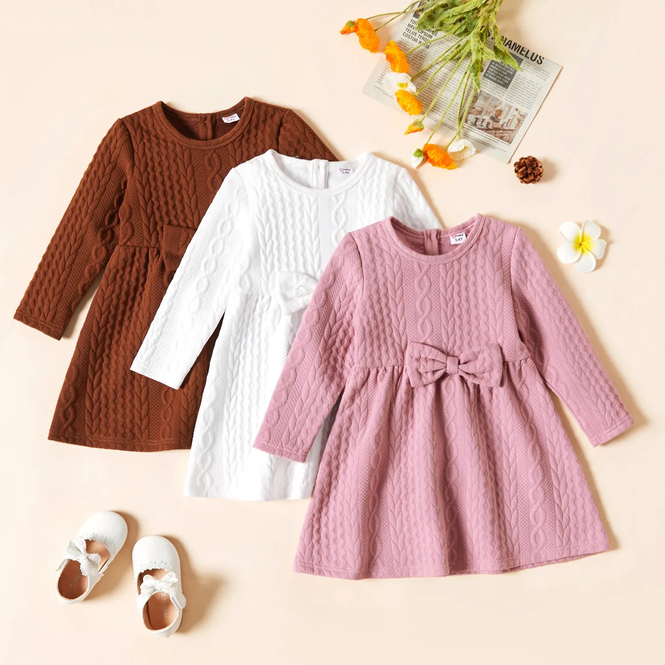 Toddler Girl Bowknot Design Cable Knit Long-sleeve Solid Dress Pink big image 1