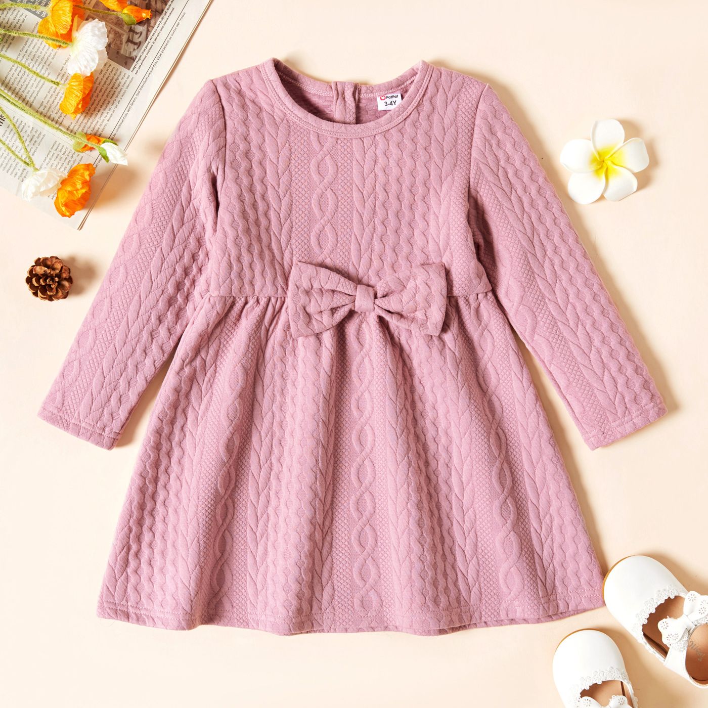 Toddler Girl Bowknot Design Cable Knit Long-sleeve Solid Dress