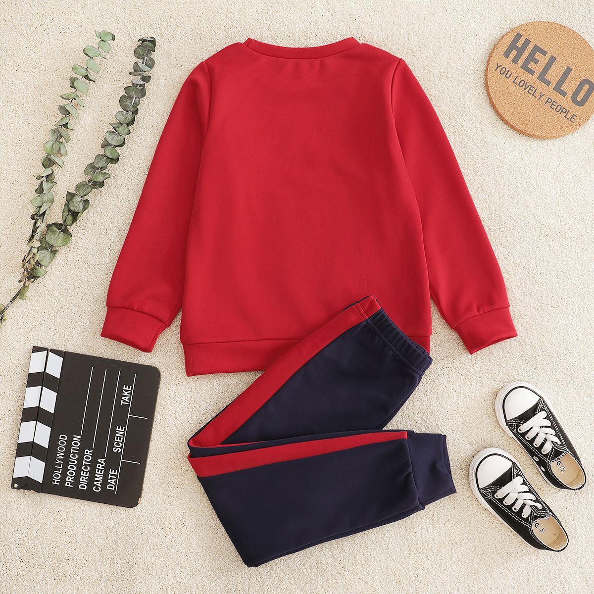 2-piece Kid Boy Letter Number Print Brick Red Pullover and Grey Pants Set