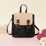 Small Colorblock Backpack PU Leather Children Travel Daypacks Mini Backpack for Women Black