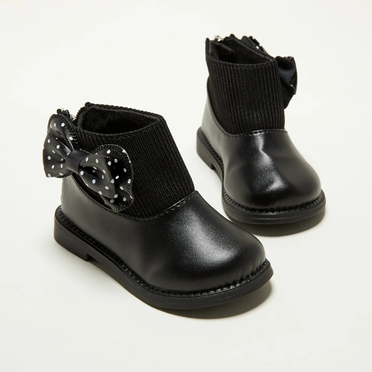 Toddler / Kid Polka Dots Bowknot Decor Back Zipper Knit Splicing Boots Black big image 1