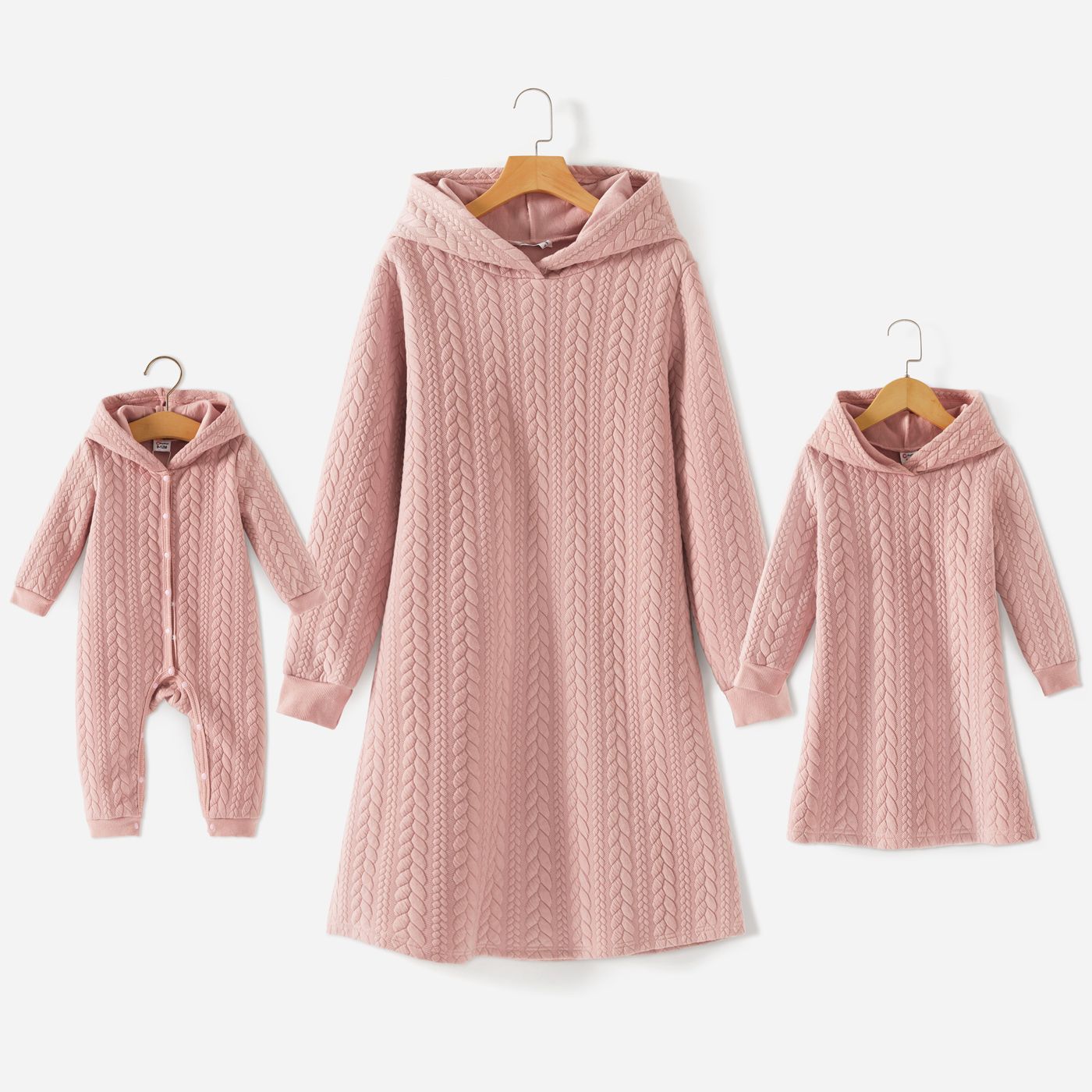 

Pink Cable Knit Long-sleeve Hoodie Dress for Mom and Me