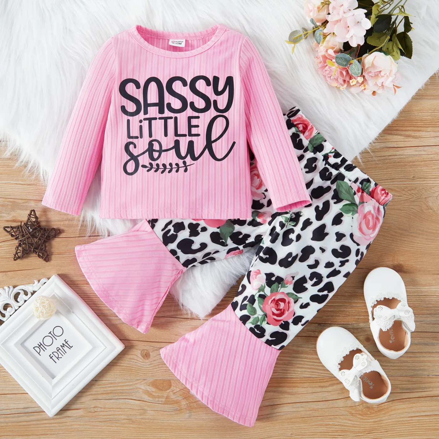 2pcs Baby Girl Letter Print Pink Long-sleeve Ribbed Top with Leopard and Floral Print Bell Bottom Pa