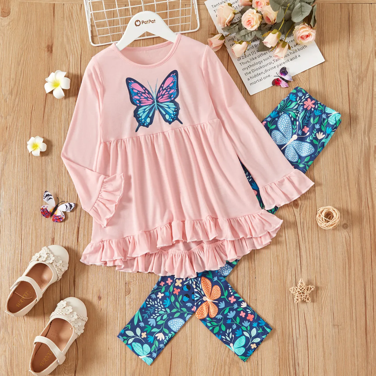 2-piece Kid Girl Butterfly Print Ruffled Hem Long-sleeve Top and Leggings Set Pink big image 1