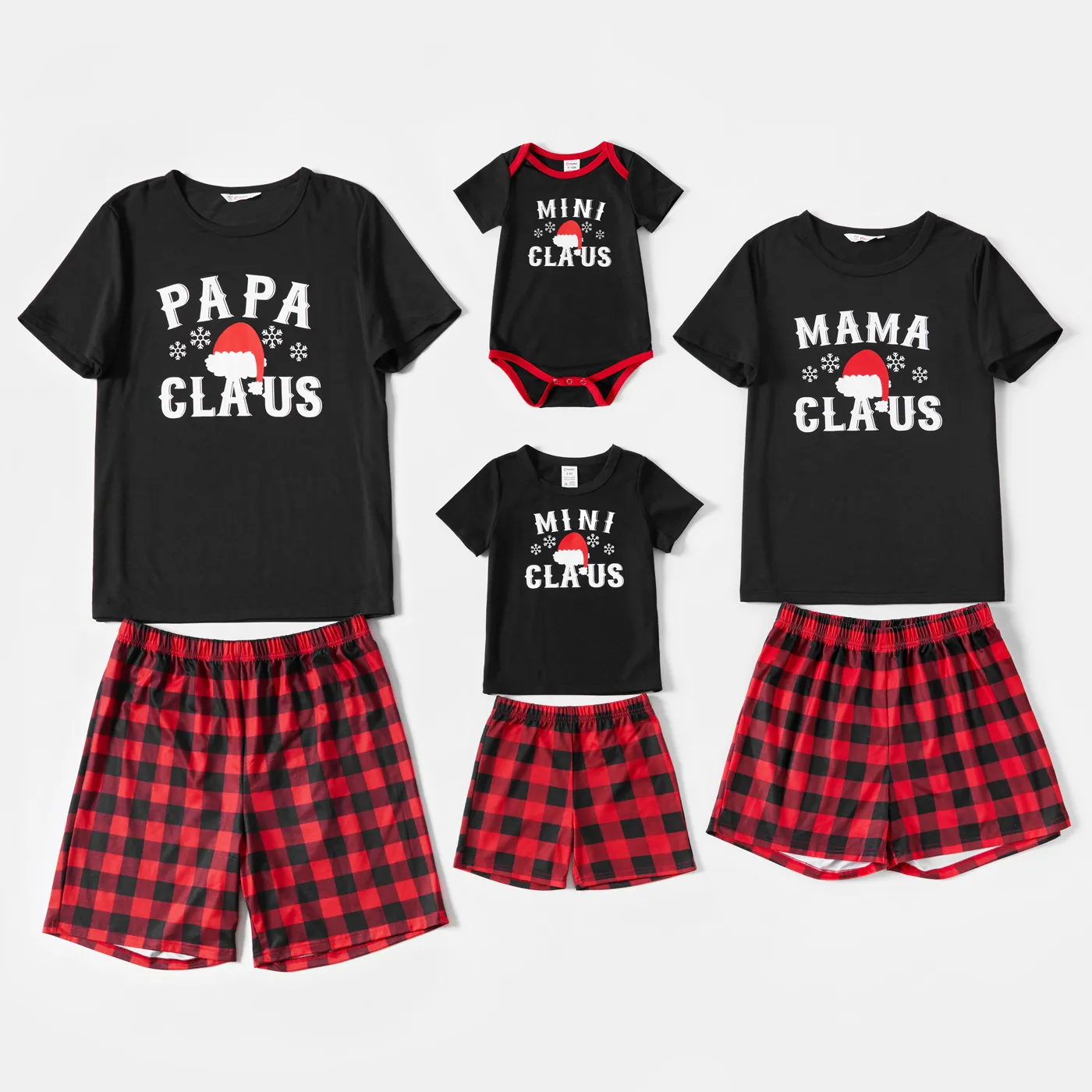 Christmas Hat and Letter Print Black Family Matching Short-sleeve Plaid Pajamas Sets (Flame Resistant) Black image 4