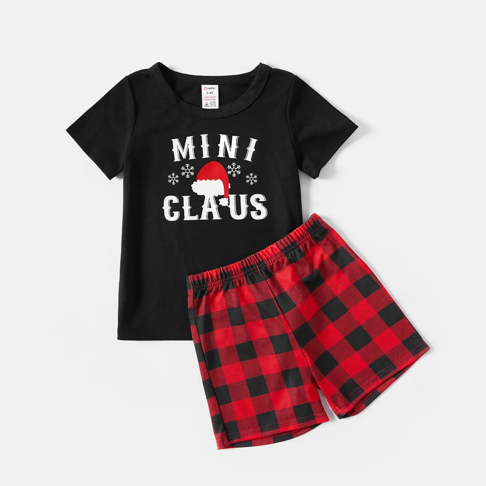 Christmas Hat and Letter Print Black Family Matching Short-sleeve Plaid Pajamas Sets (Flame Resistant) big image 8