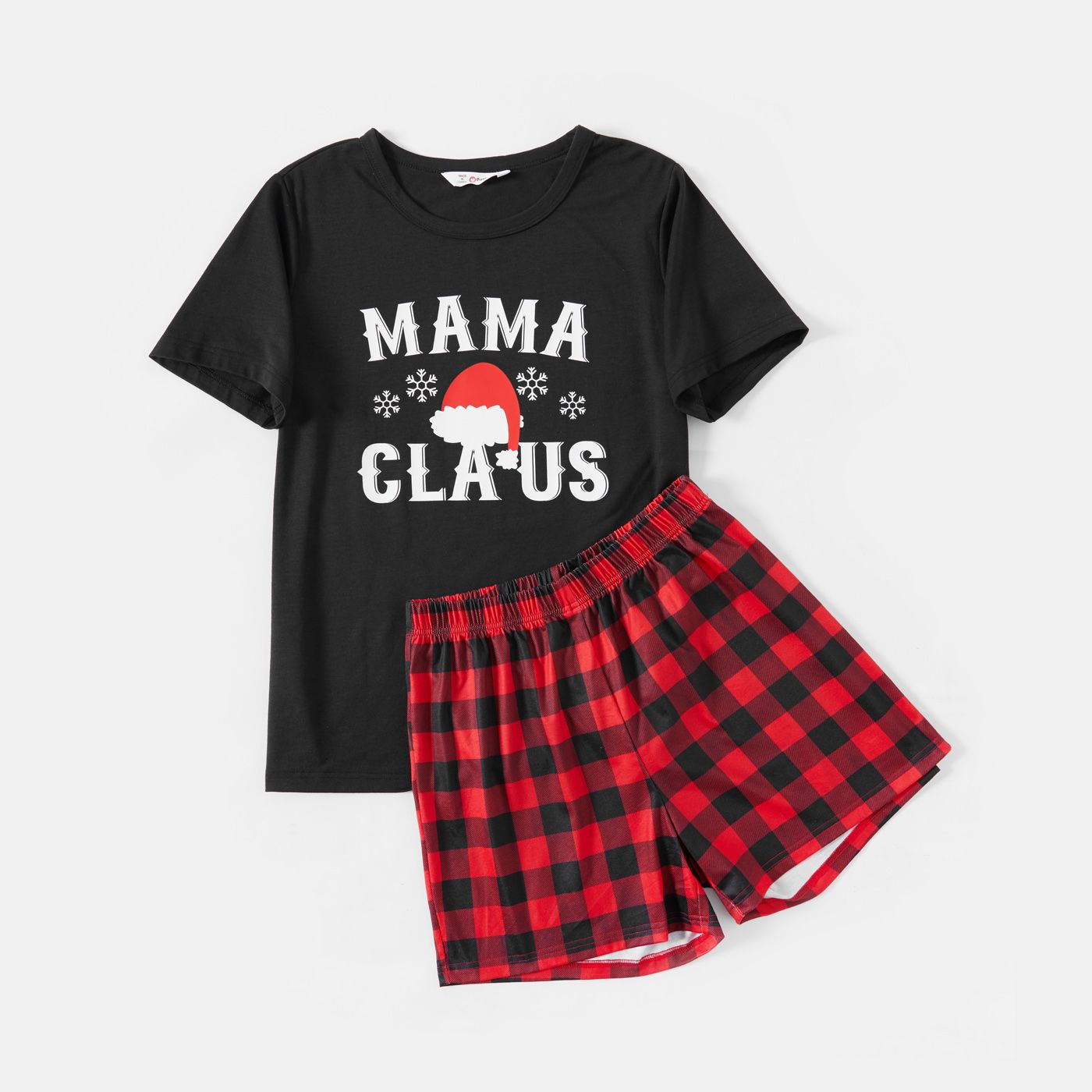 Christmas Hat and Letter Print Black Family Matching Short-sleeve Plaid Pajamas Sets (Flame Resistan