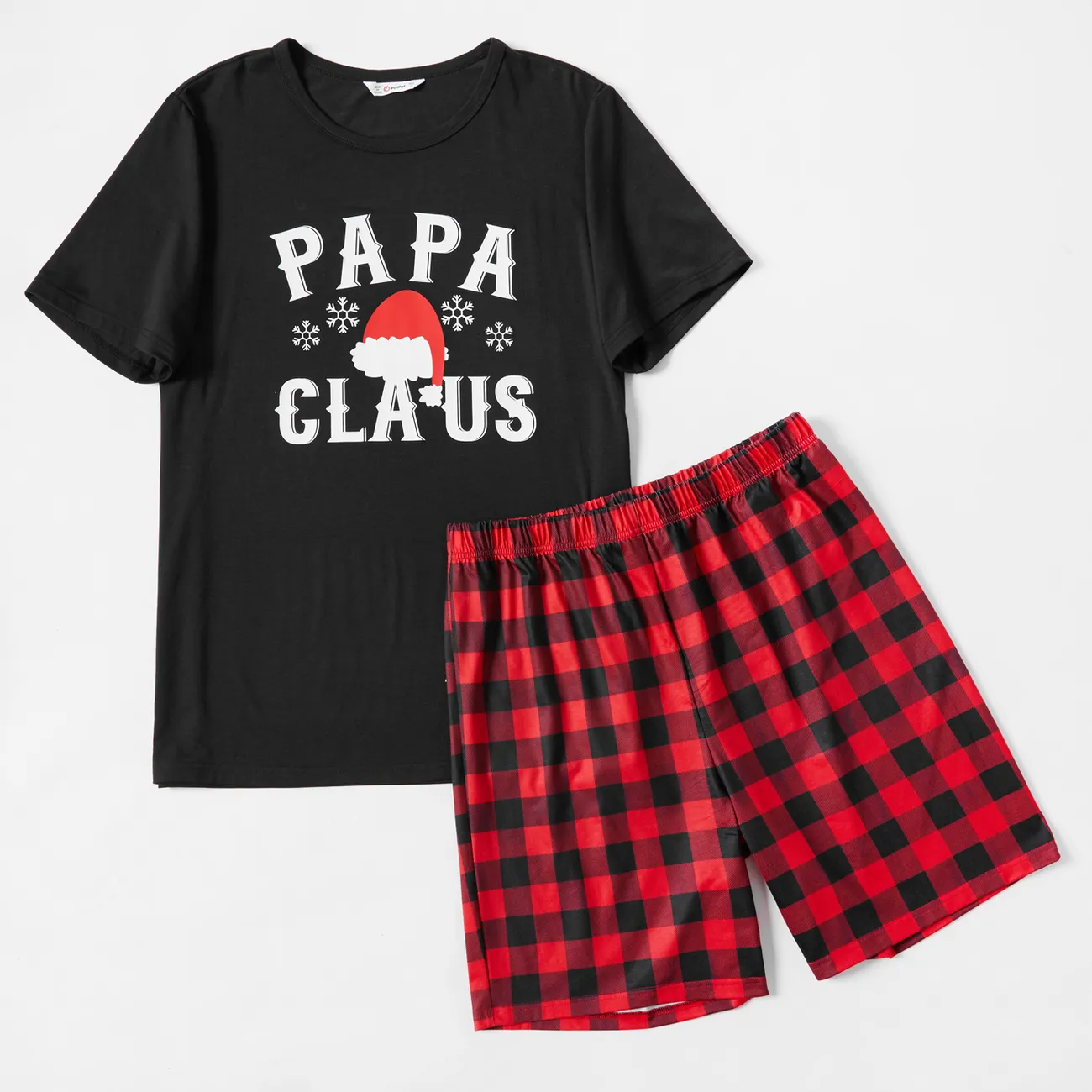 Christmas Hat and Letter Print Black Family Matching Short-sleeve Plaid Pajamas Sets (Flame Resistant) Black big image 1