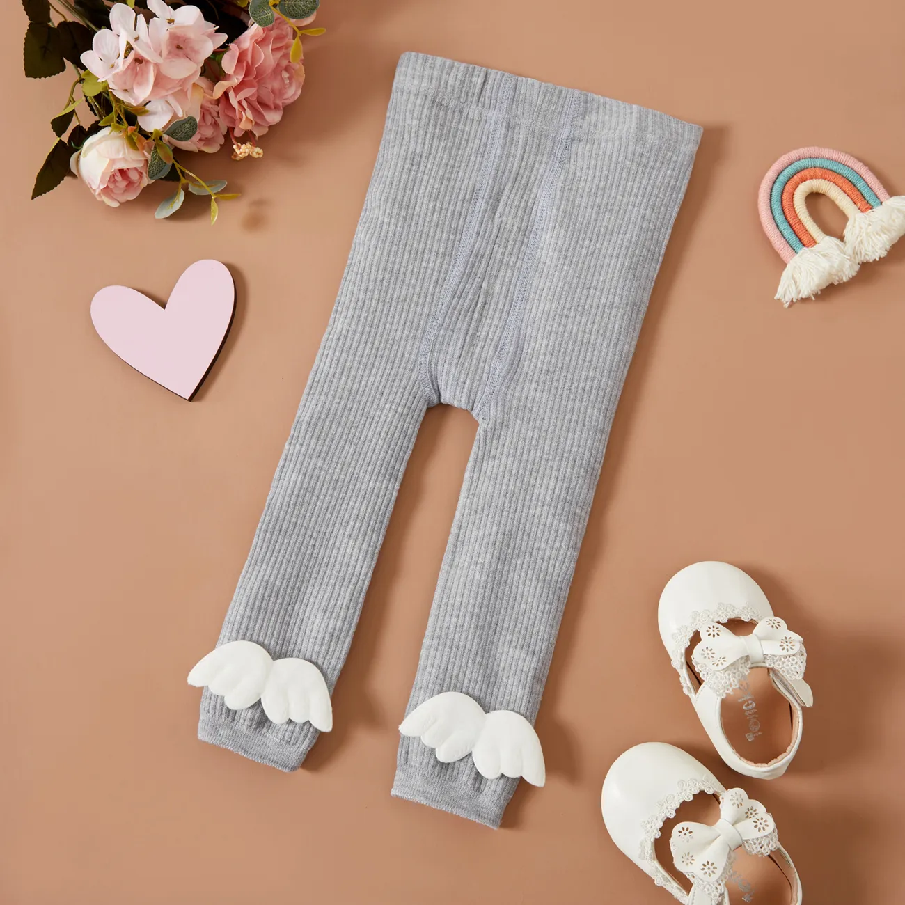 100% Cotton 3D Angel Wings Appliques Baby Ankle-length Ribbed Leggings big image 1