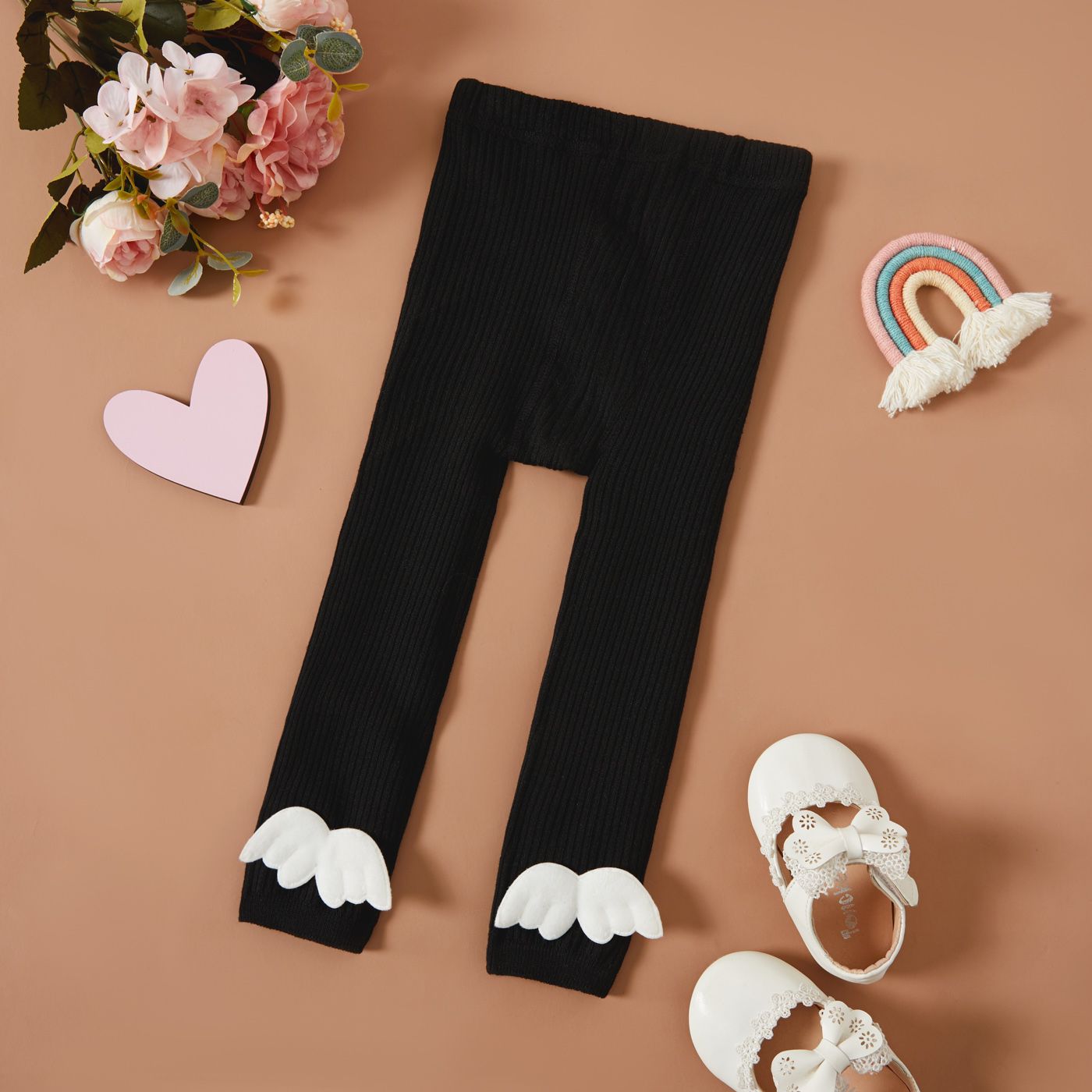 

100% Cotton 3D Angel Wings Appliques Baby Ankle-length Ribbed Leggings