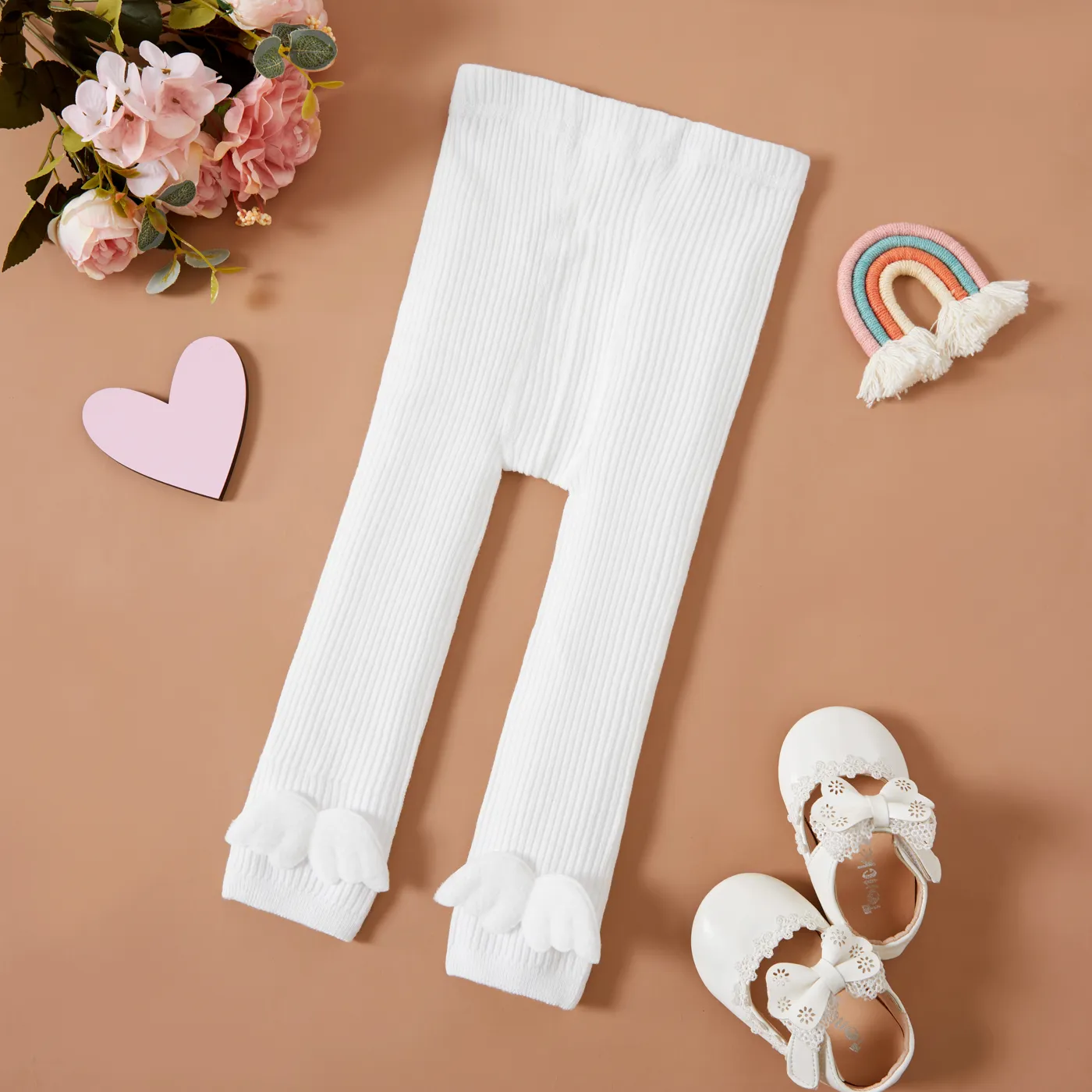 100% Cotton 3D Angel Wings Appliques Baby Ankle-length Ribbed Leggings White
