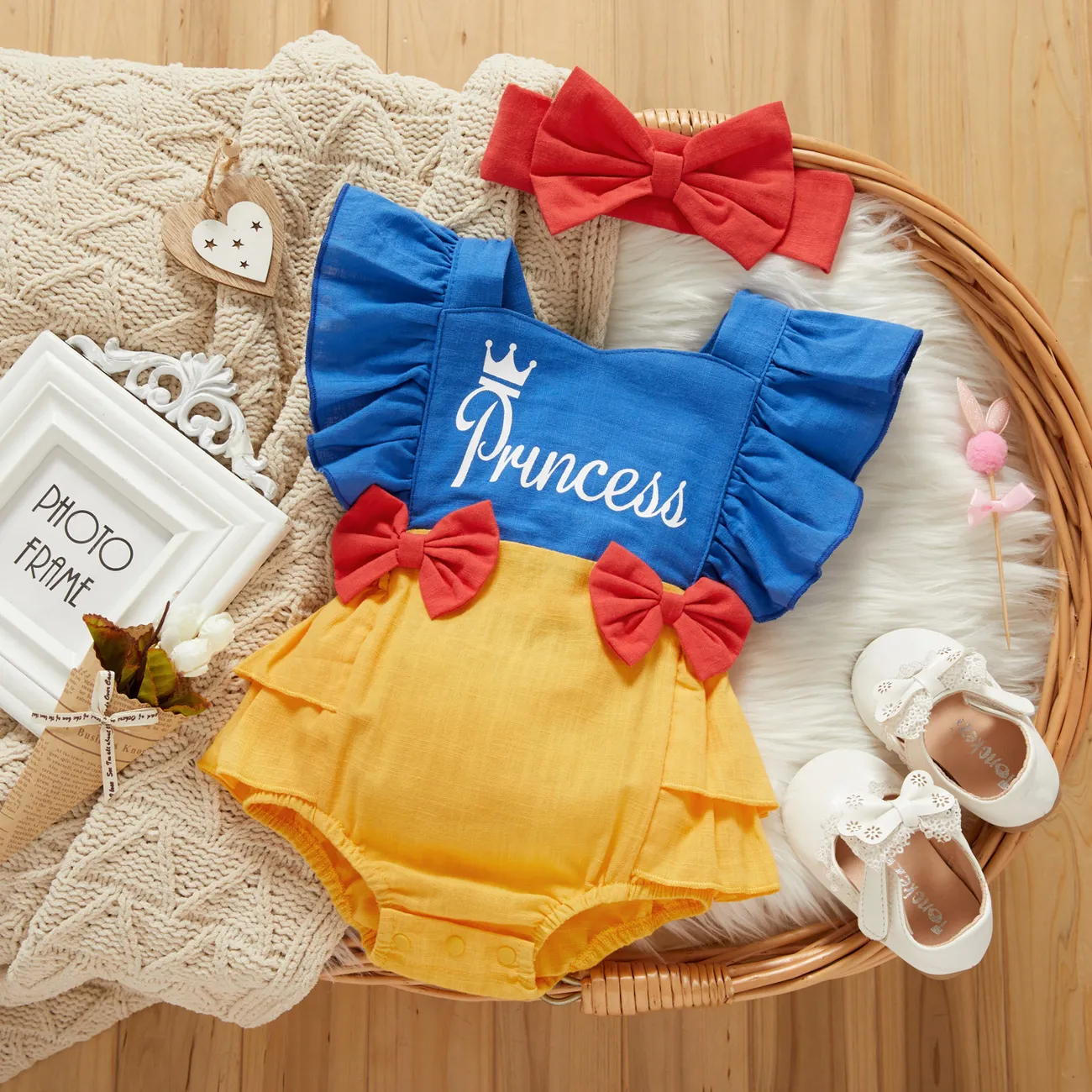100% Cotton 2pcs Letter Print Color Block Sleeveless Layered Ruffle Baby Princess Romper Set Multi-color big image 1