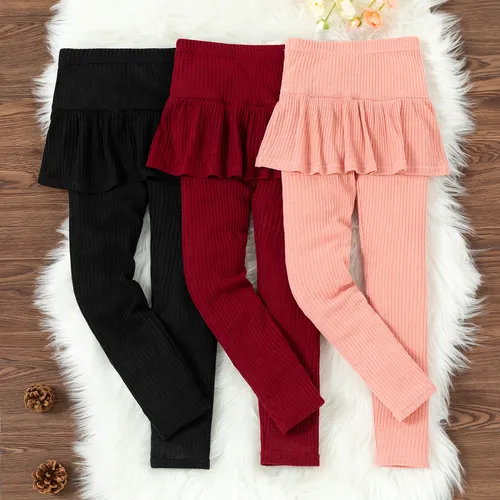 Kid Girl Ribbed Ruffled Solid Color Skirt Leggings
