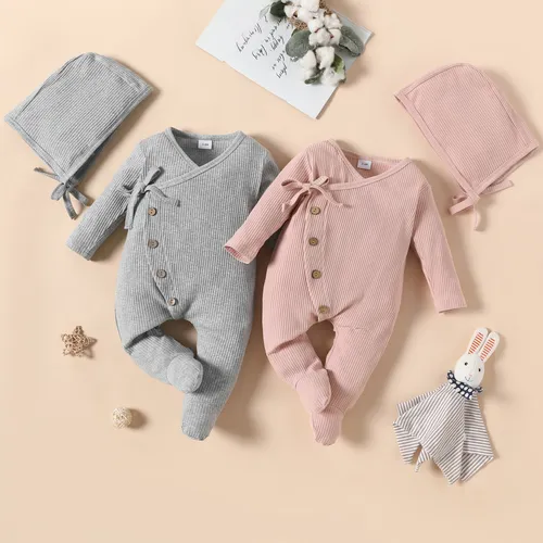2pcs Baby Cotton Ribbed Solid Long-sleeve Footed Jumpsuit Set