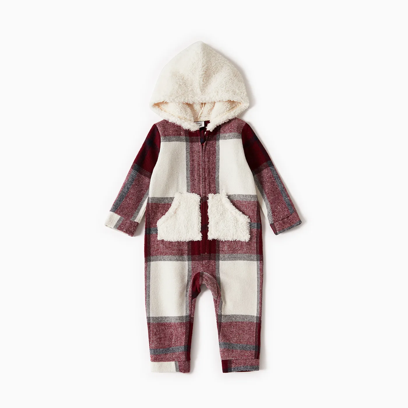 Family Matching Fleece Hooded Splicing Red Plaid Long-sleeve Outwear Tops Red/White big image 1