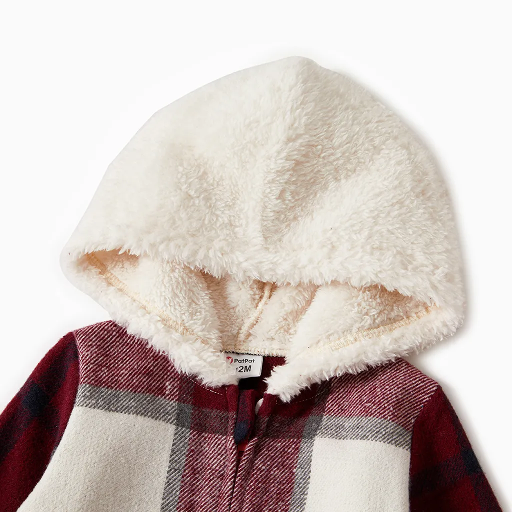 Family Matching Fleece Hooded Splicing Red Plaid Long-sleeve Outwear Tops Red/White image 3