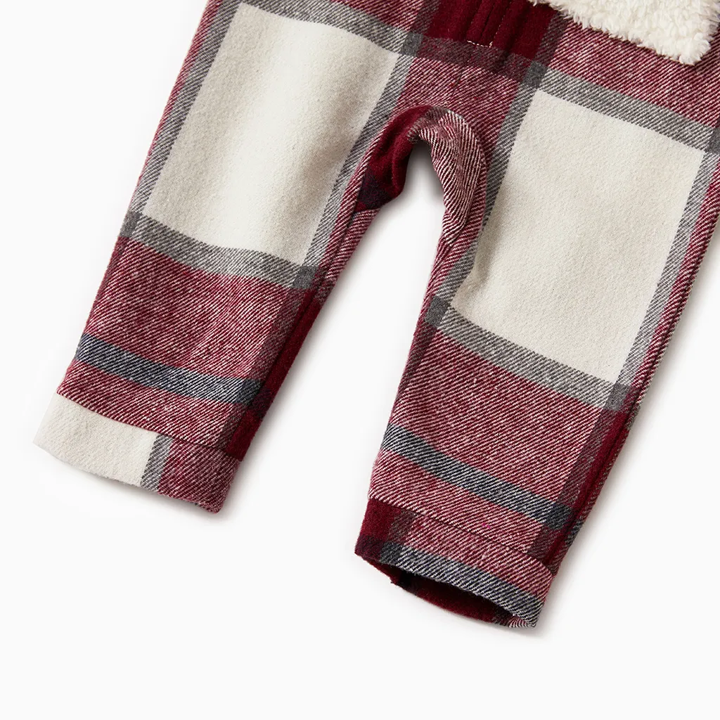 Family Matching Fleece Hooded Splicing Red Plaid Long-sleeve Outwear Tops Red/White image 5