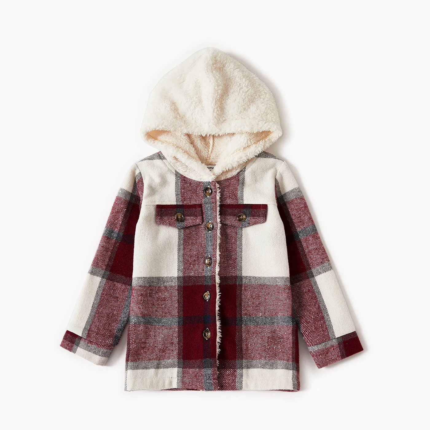 Family Matching Fleece Hooded Splicing Red Plaid Long-sleeve Outwear Tops Red/White image 6
