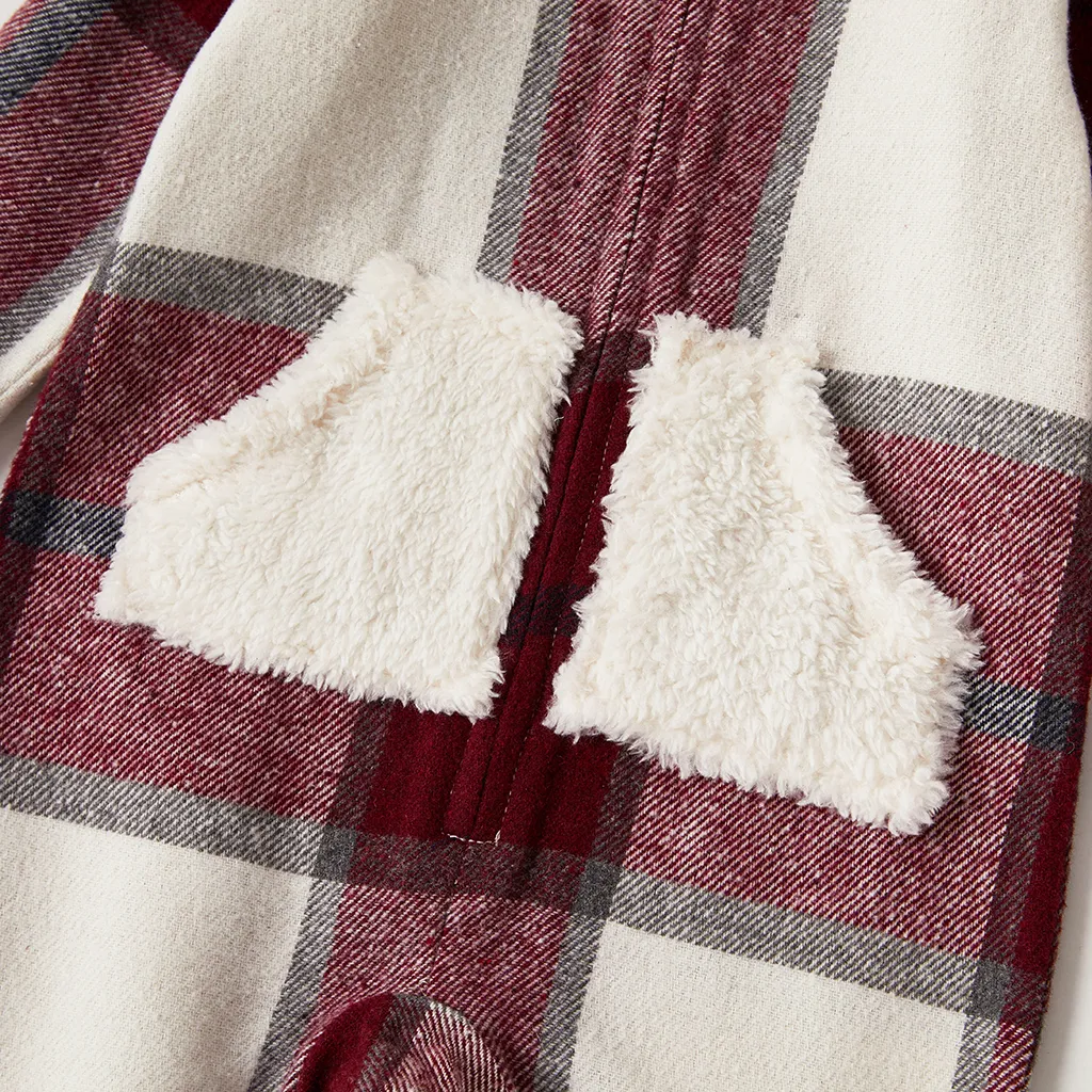 Family Matching Fleece Hooded Splicing Red Plaid Long-sleeve Outwear Tops Red/White image 4