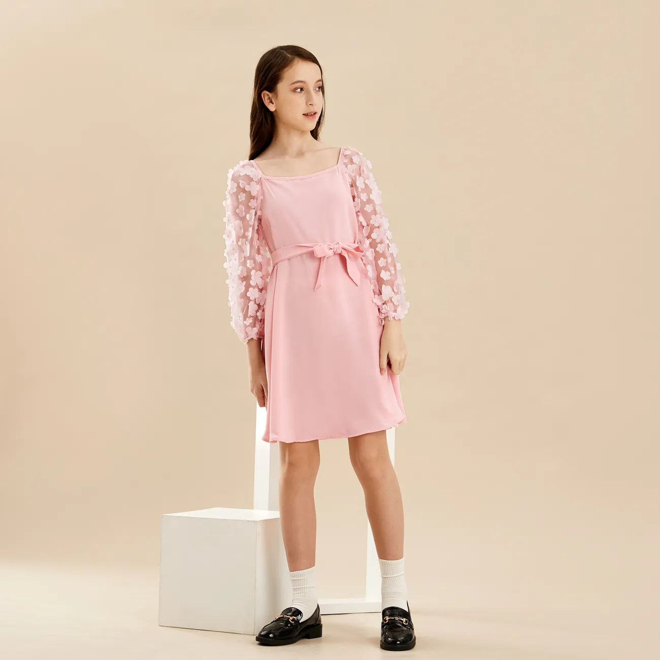 Kid Girl Flower Embroidery Square Neck Mesh Long-sleeve Dress with Bow Belt Pink big image 1