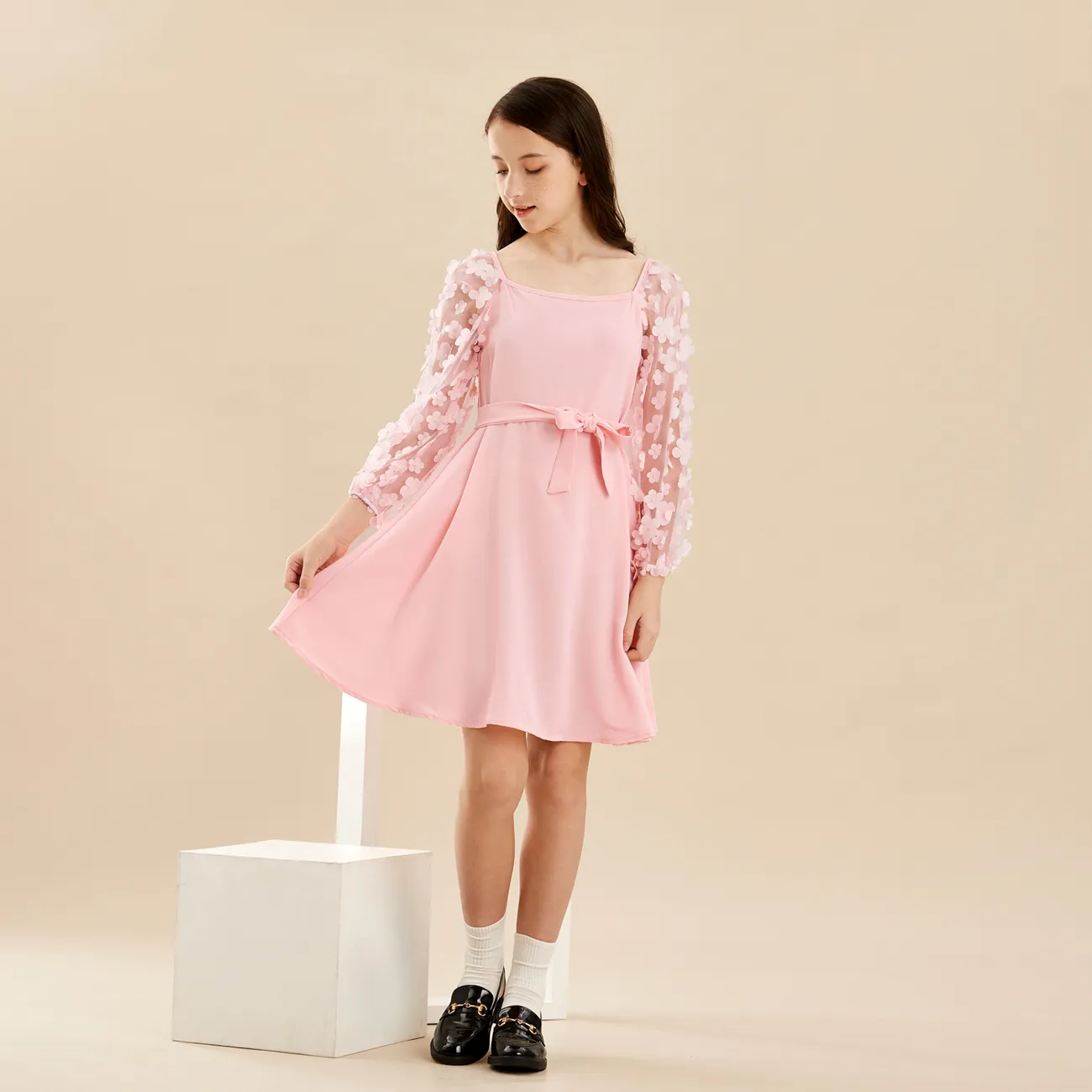 Kid Girl Flower Embroidery Square Neck Mesh Long-sleeve Dress with Bow Belt Pink big image 1