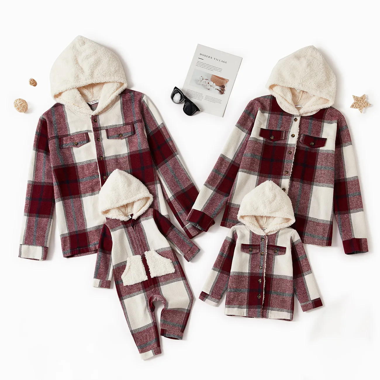 Family Matching Fleece Hooded Splicing Red Plaid Long-sleeve Outwear Tops Red/White big image 1