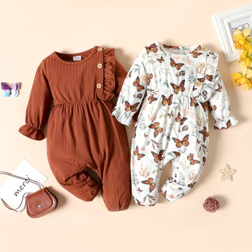 jumpsuit de manga larga con volantes y estampado de mariposas marrón / blanco para bebé niña