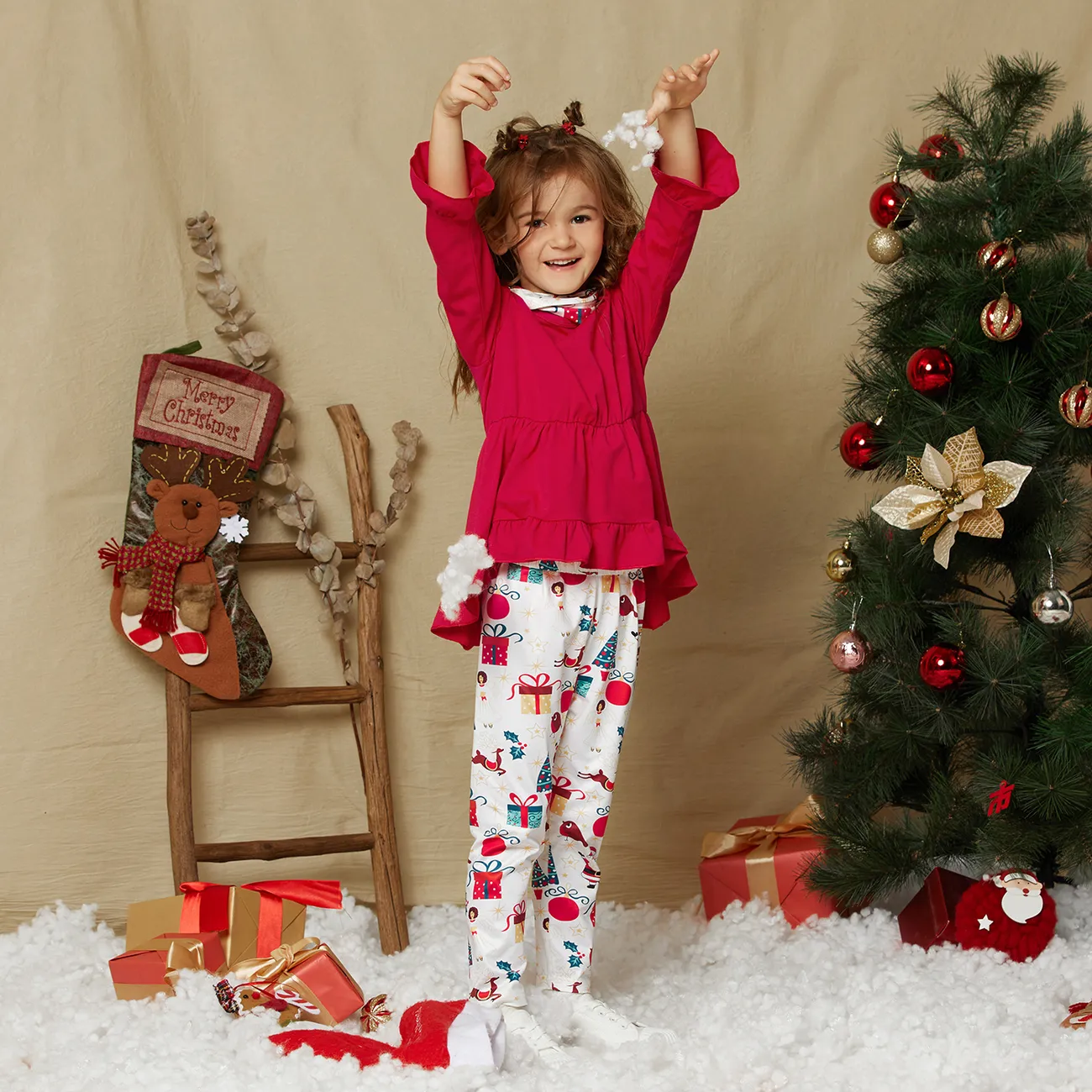 3-piece Toddler Girl Ruffle Hem Long Bell sleeves Red Top, Santa Christmas Tree Print Pants and Scarf Set Red big image 1