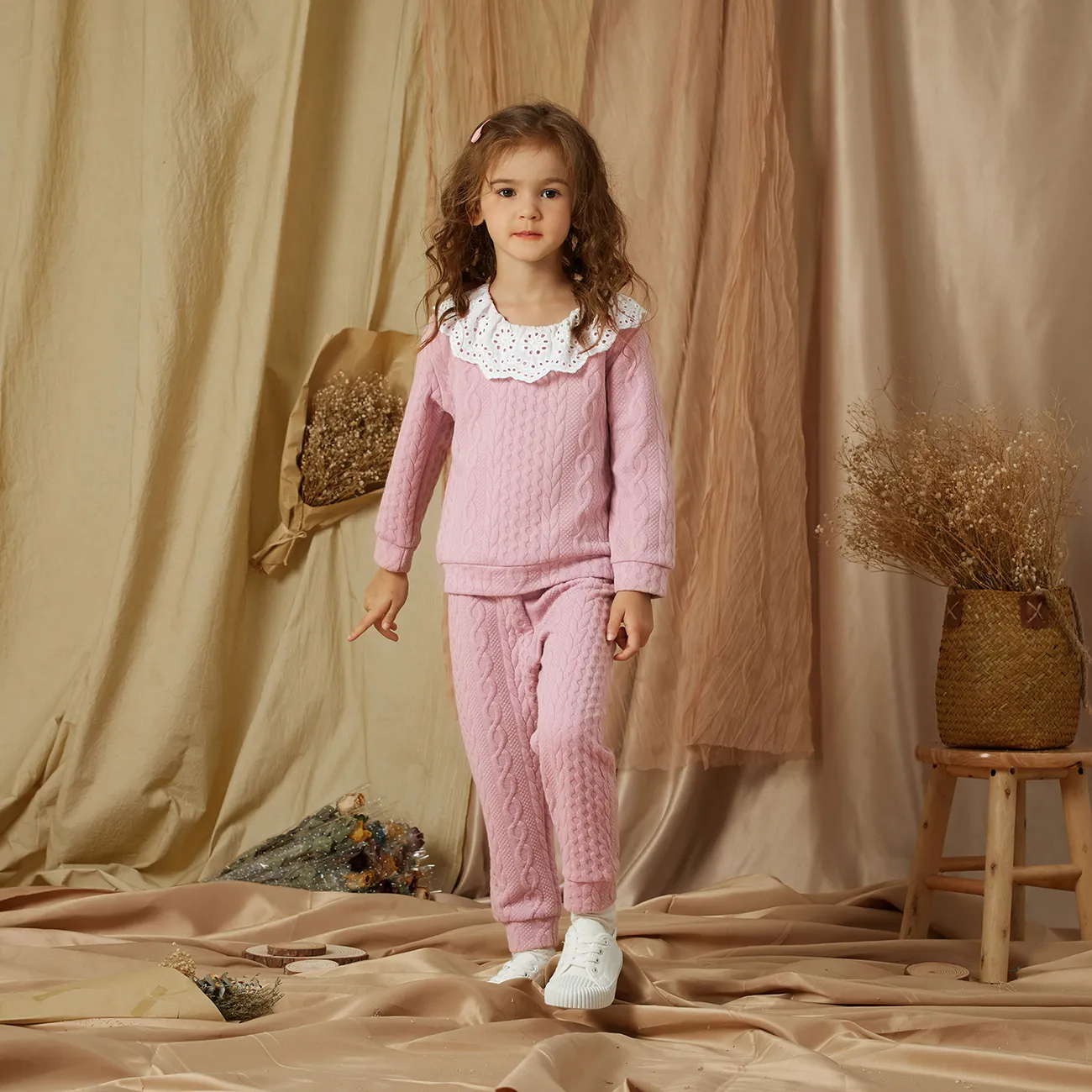 2-piece Toddler Girl Schiffy Flounce Cable Knit Sweater and Pants Set Pink big image 1