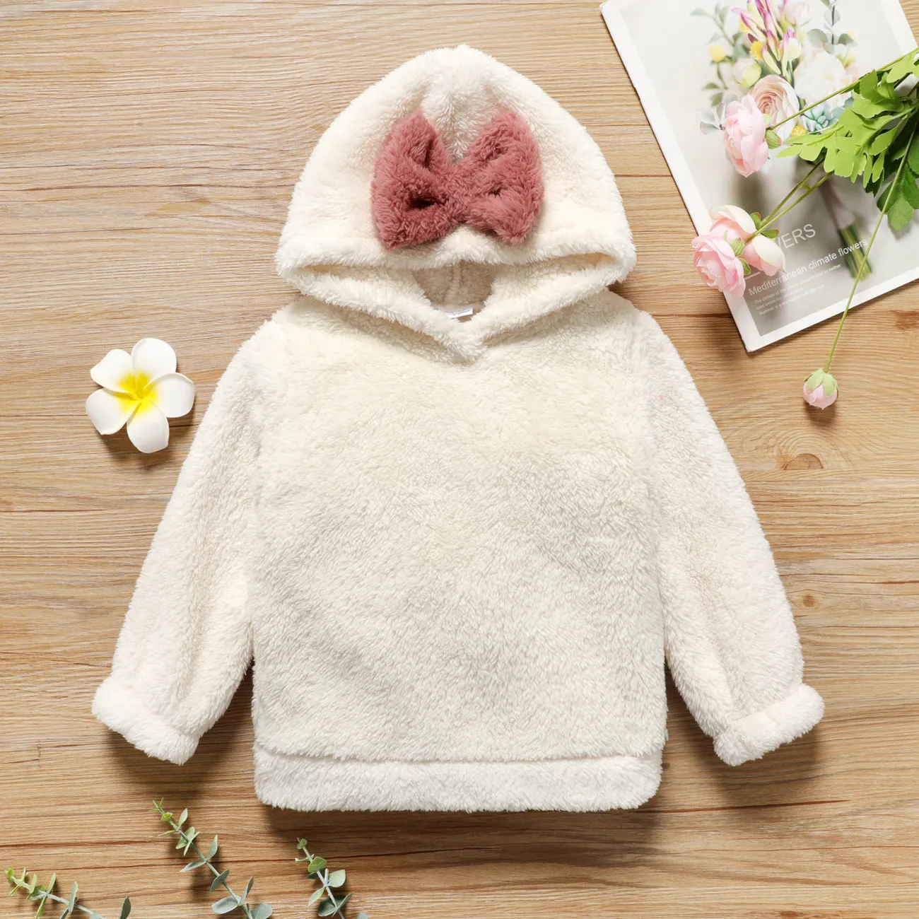 Toddler Girl Bowknot Design Fuzzy Hoodie Sweatshirt Beige big image 1