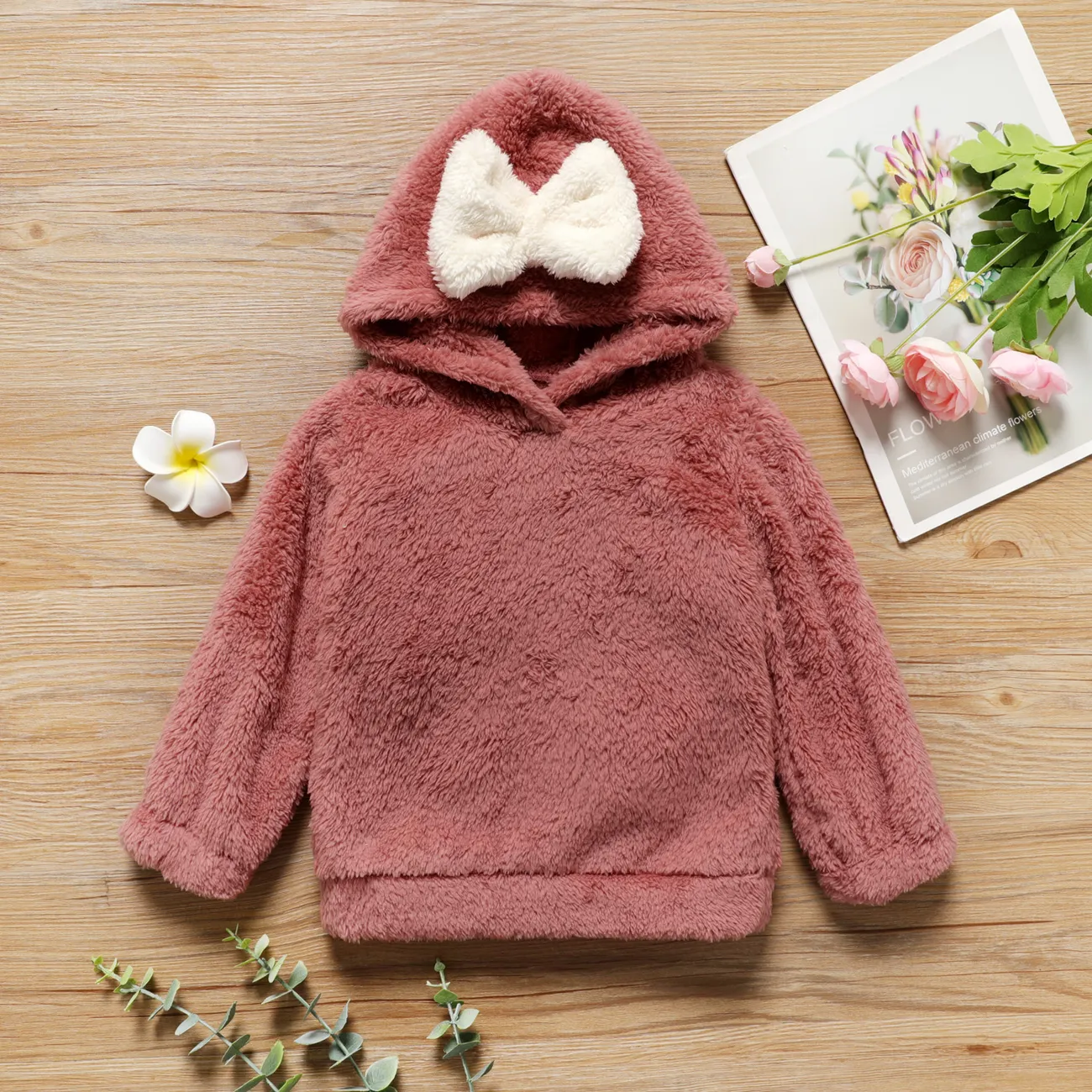 Toddler Girl Bowknot Design Fuzzy Hoodie Sweatshirt Pink big image 1