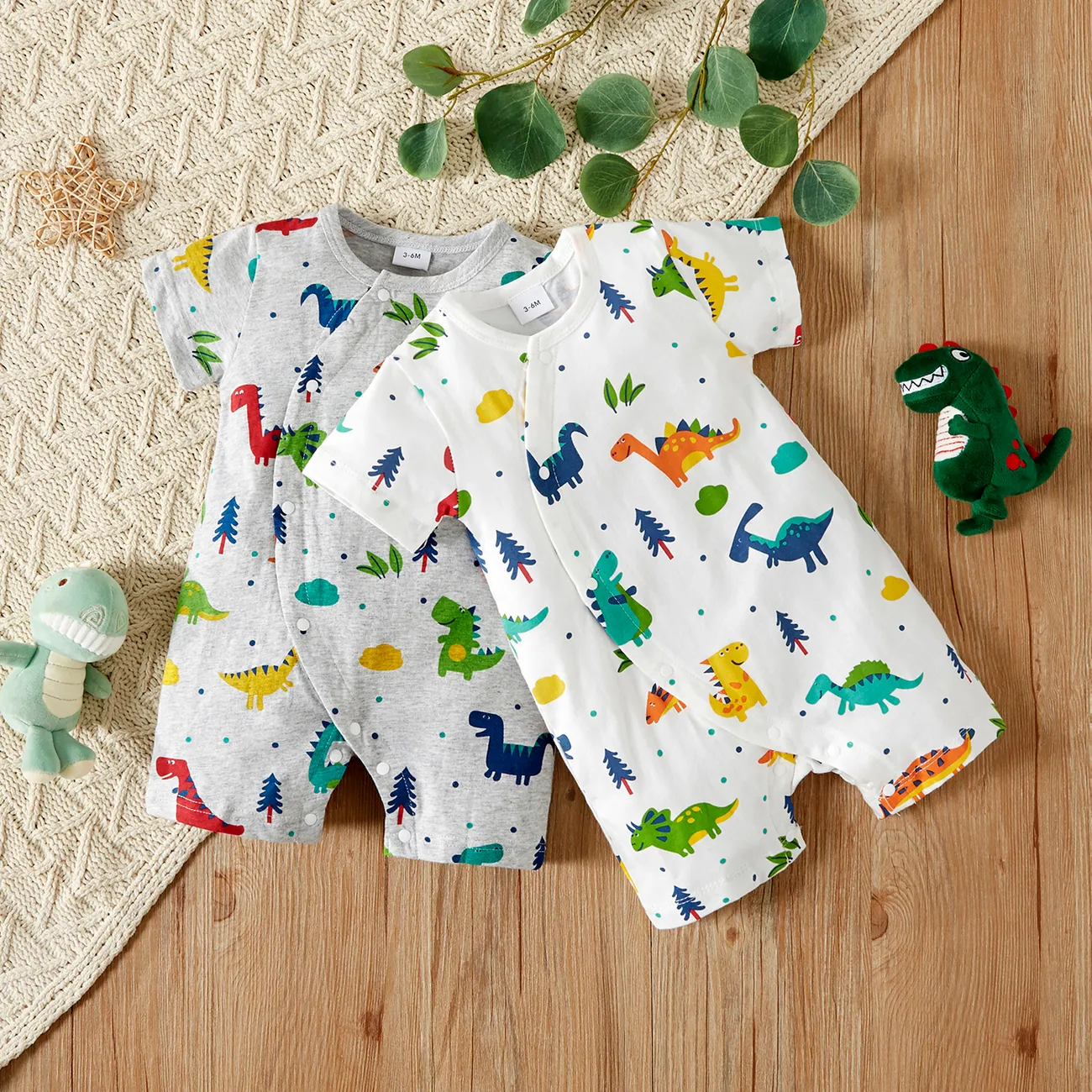 100% Cotton Dinosaur Print Short-sleeve Grey Baby Romper Grey big image 1