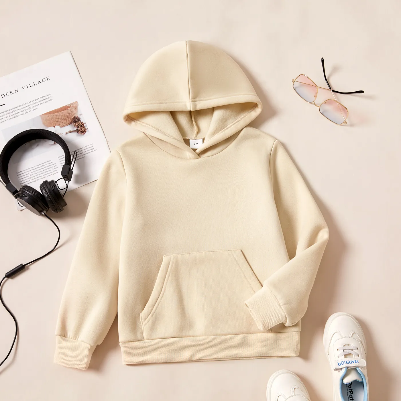 Kid Boy/Kid Girl Fleece Lined Solid Pocket Design Hoodie Sweatshirt Khaki