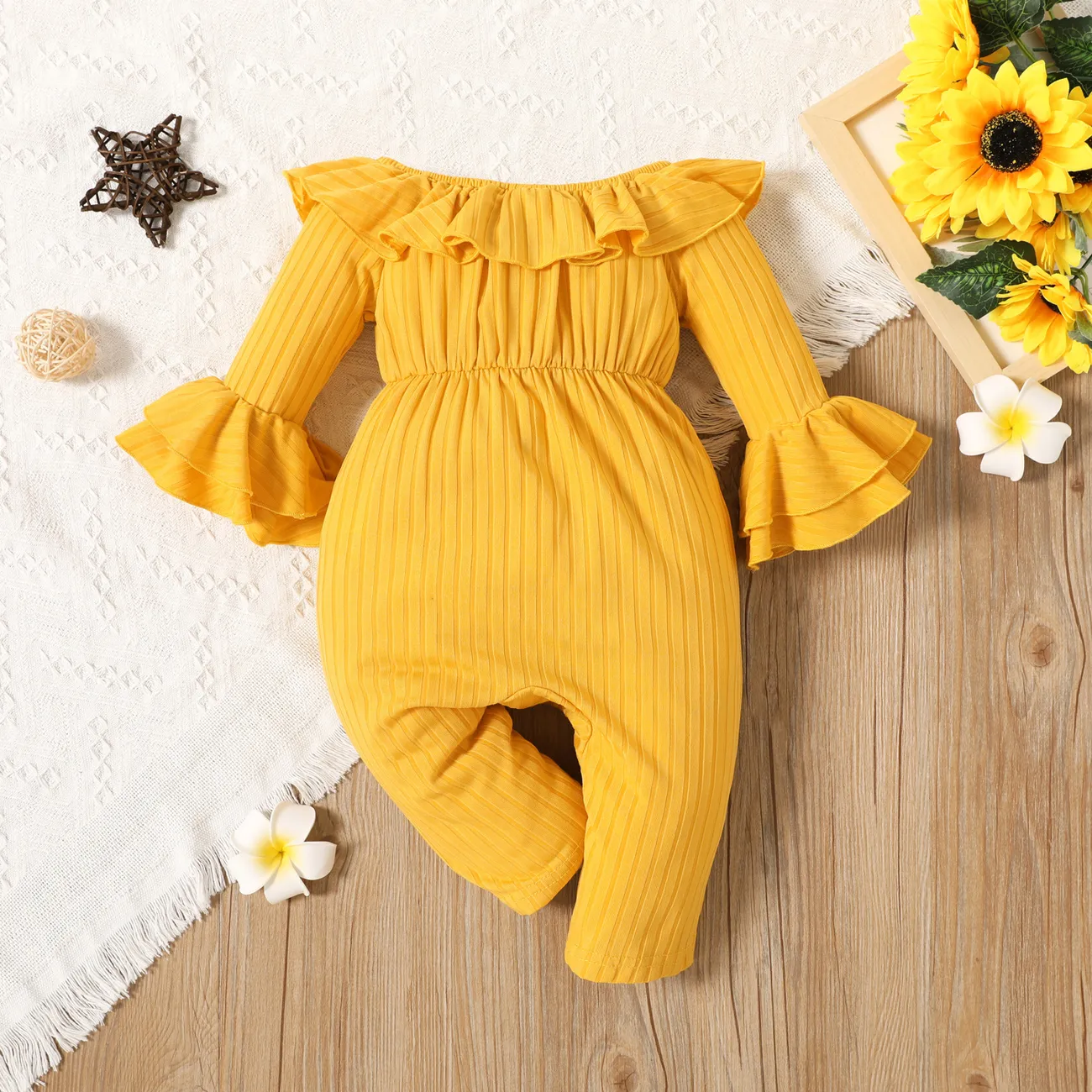 Baby Girl Solid Ribbed Off Shoulder Ruffle Bell Sleeve Jumpsuit