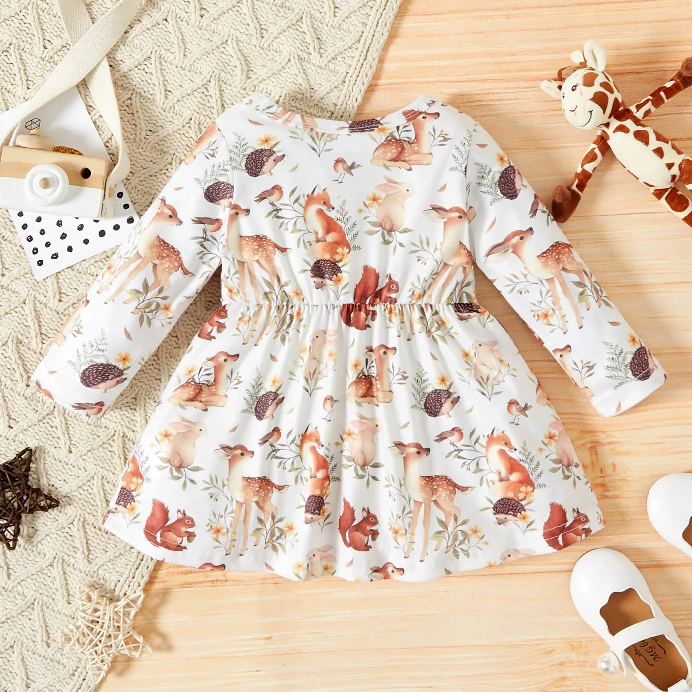 Baby Girl All Over Forest Animals Print Long-sleeve Dress Color block image 2
