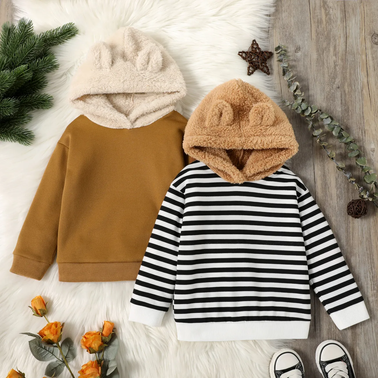 Toddler Boy Stripe/Solid Color Ear Design Fuzzy Hoodie Sweatshirt Black/White big image 1