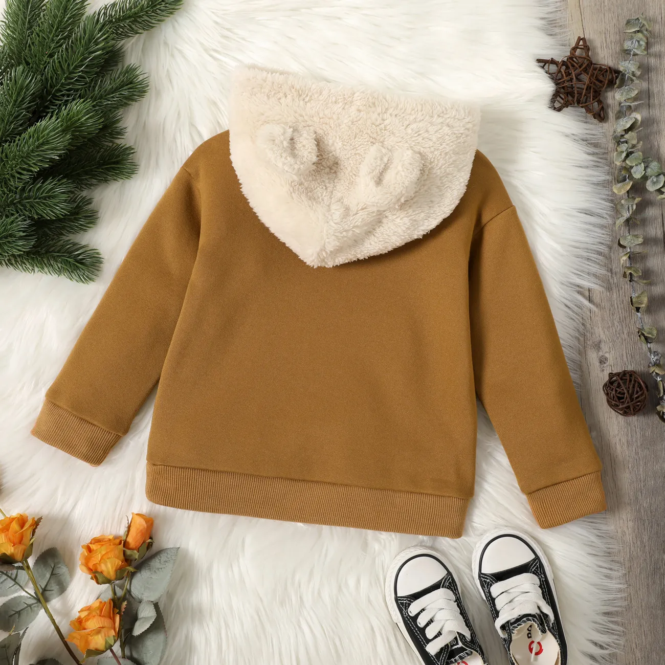Toddler Boy Stripe/Solid Color Ear Design Fuzzy Hoodie Sweatshirt Brown big image 1
