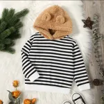 Toddler Boy Stripe/Solid Color Ear Design Fuzzy Hoodie Sweatshirt Black/White
