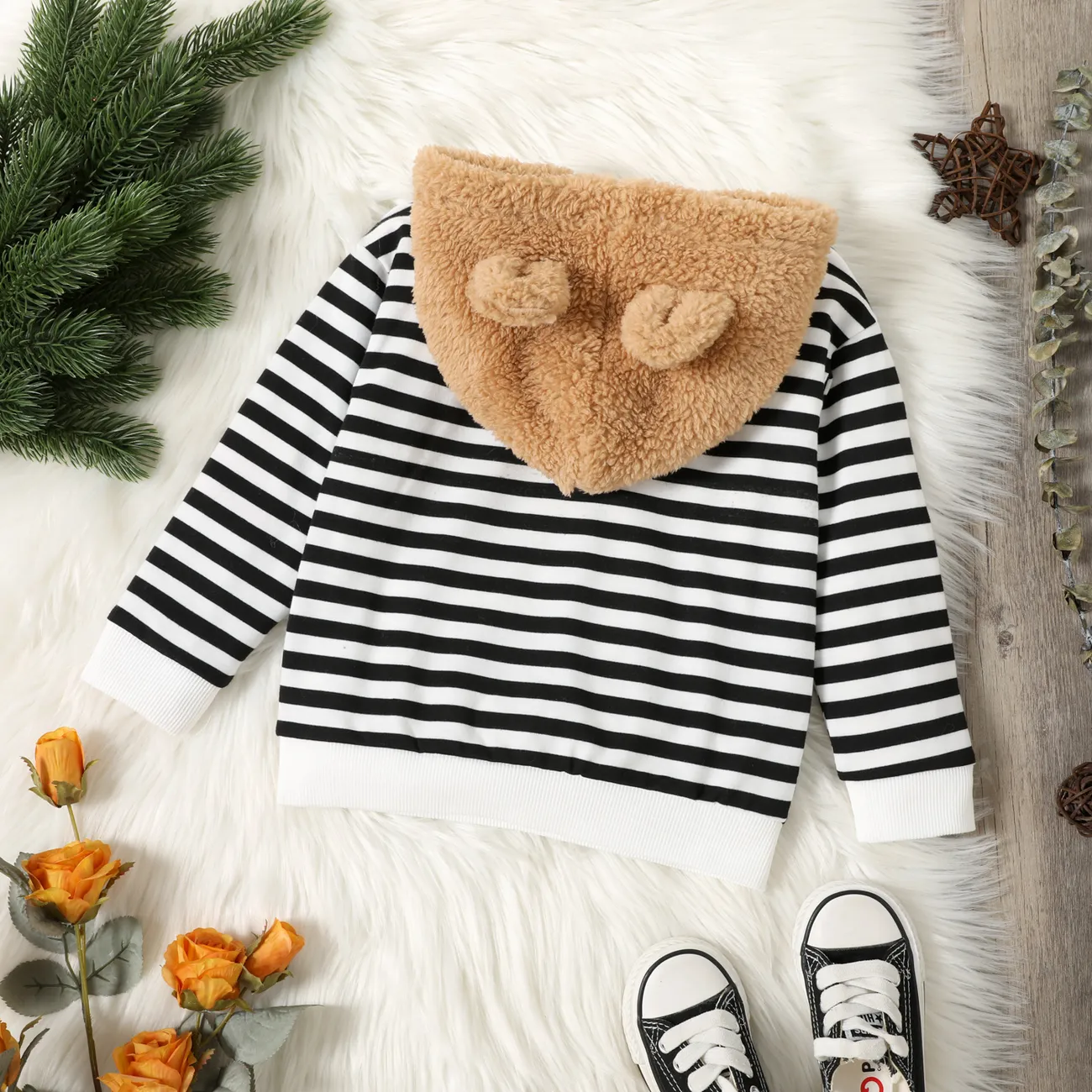 Toddler Boy Stripe/Solid Color Ear Design Fuzzy Hoodie Sweatshirt Black/White big image 1