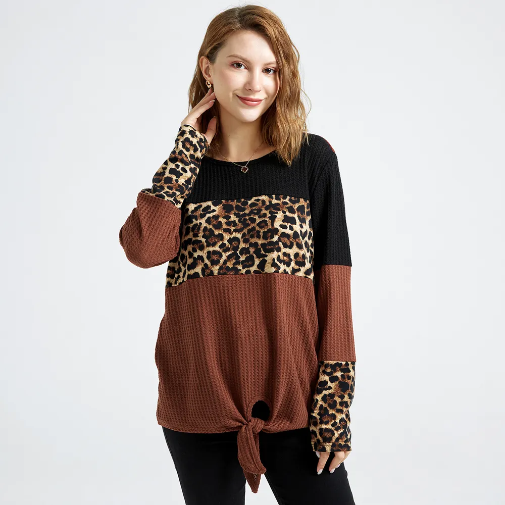 Colorblock Leopard Splice Round-collar Long-sleeve T-shirt  big image 1