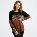 Colorblock Leopard Splice Round-collar Long-sleeve T-shirt  image 3