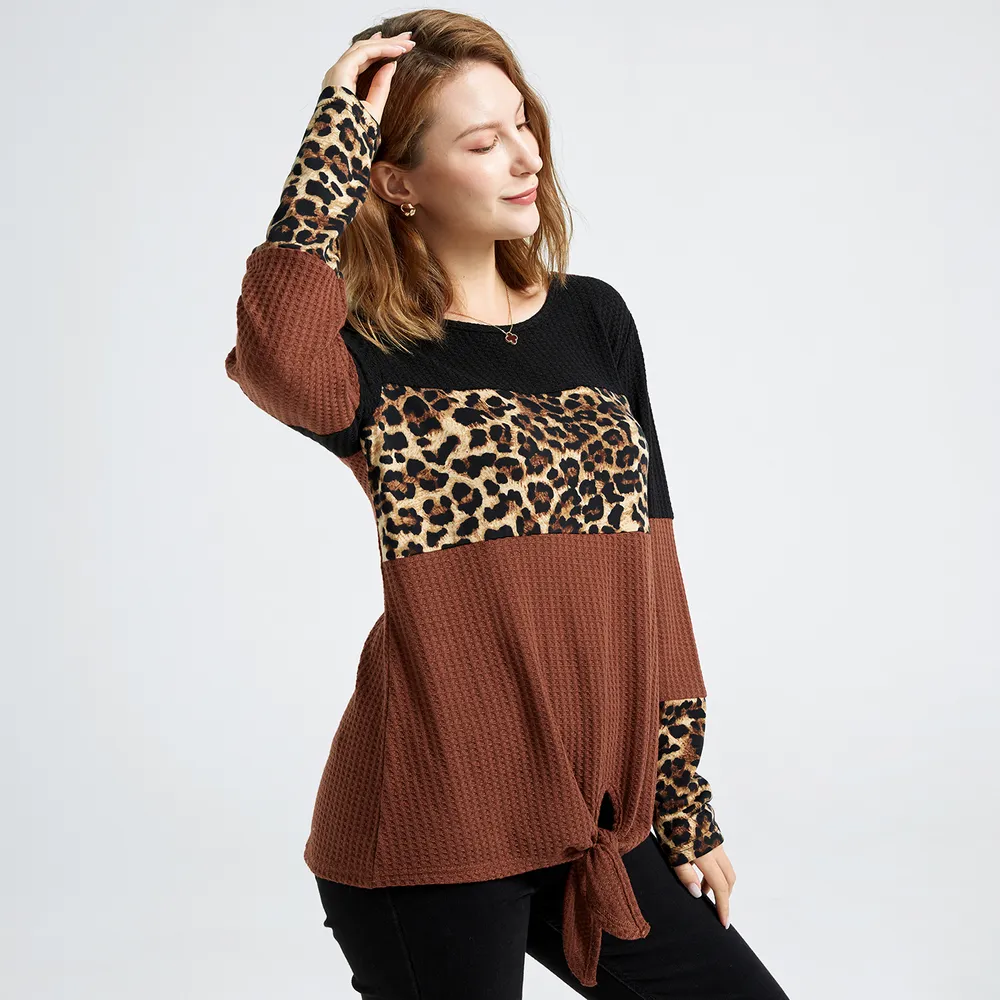 Colorblock Leopard Splice Round-collar Long-sleeve T-shirt  big image 4