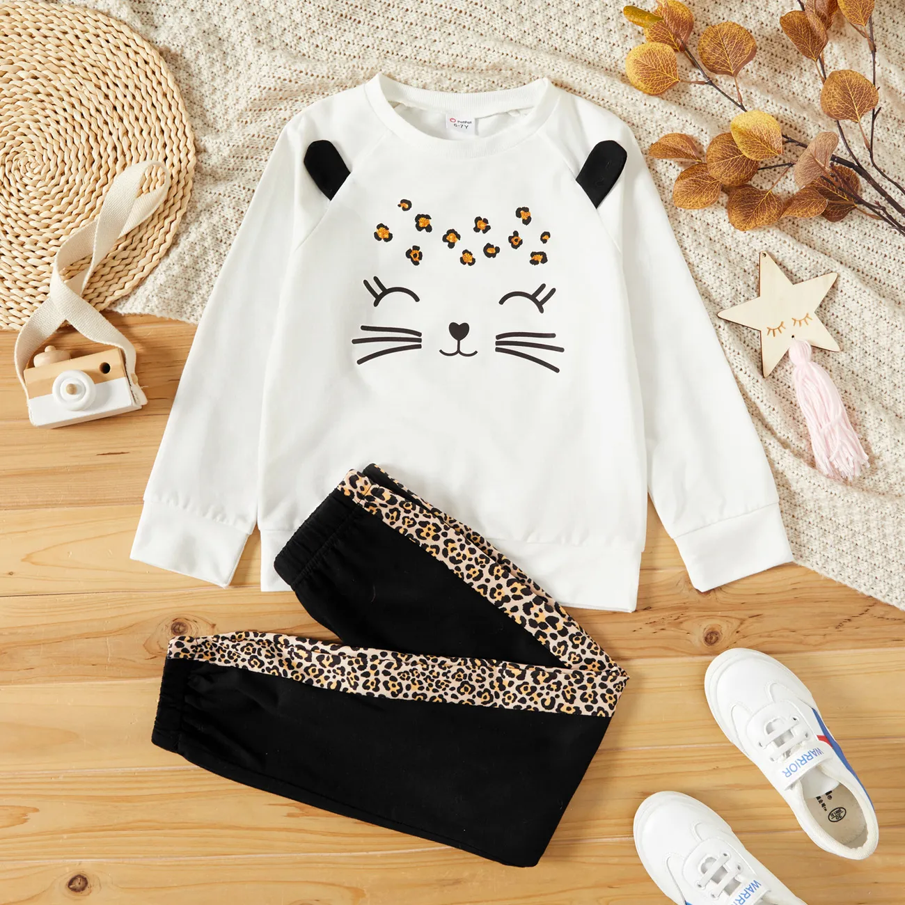 2-piece Kid Girl Cat Print Ear Design White Pullover Sweatshirt and Leopard Print Pants Set White big image 1