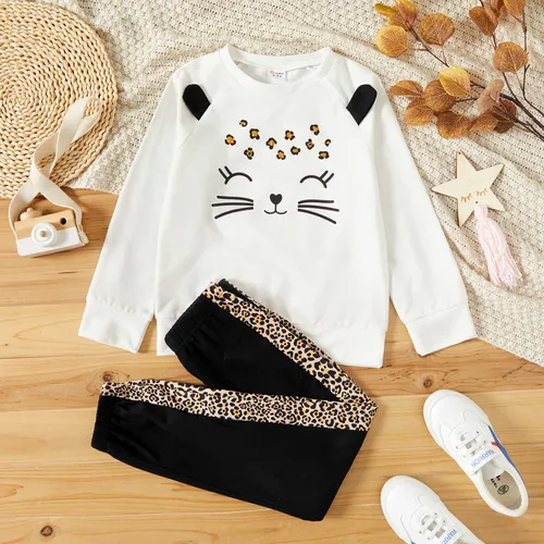 2-piece Kid Girl Cat Print Ear Design White Pullover Sweatshirt and Leopard Print Pants Set