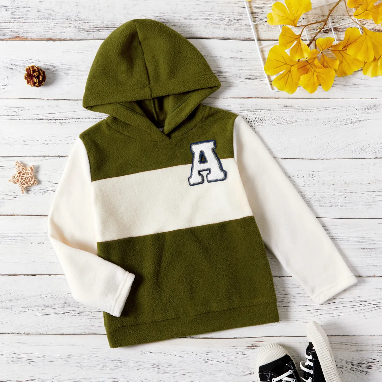 Kid Boy Letter Embroidered Colorblock Fuzzy Hoodie Sweatshirt Army green big image 1