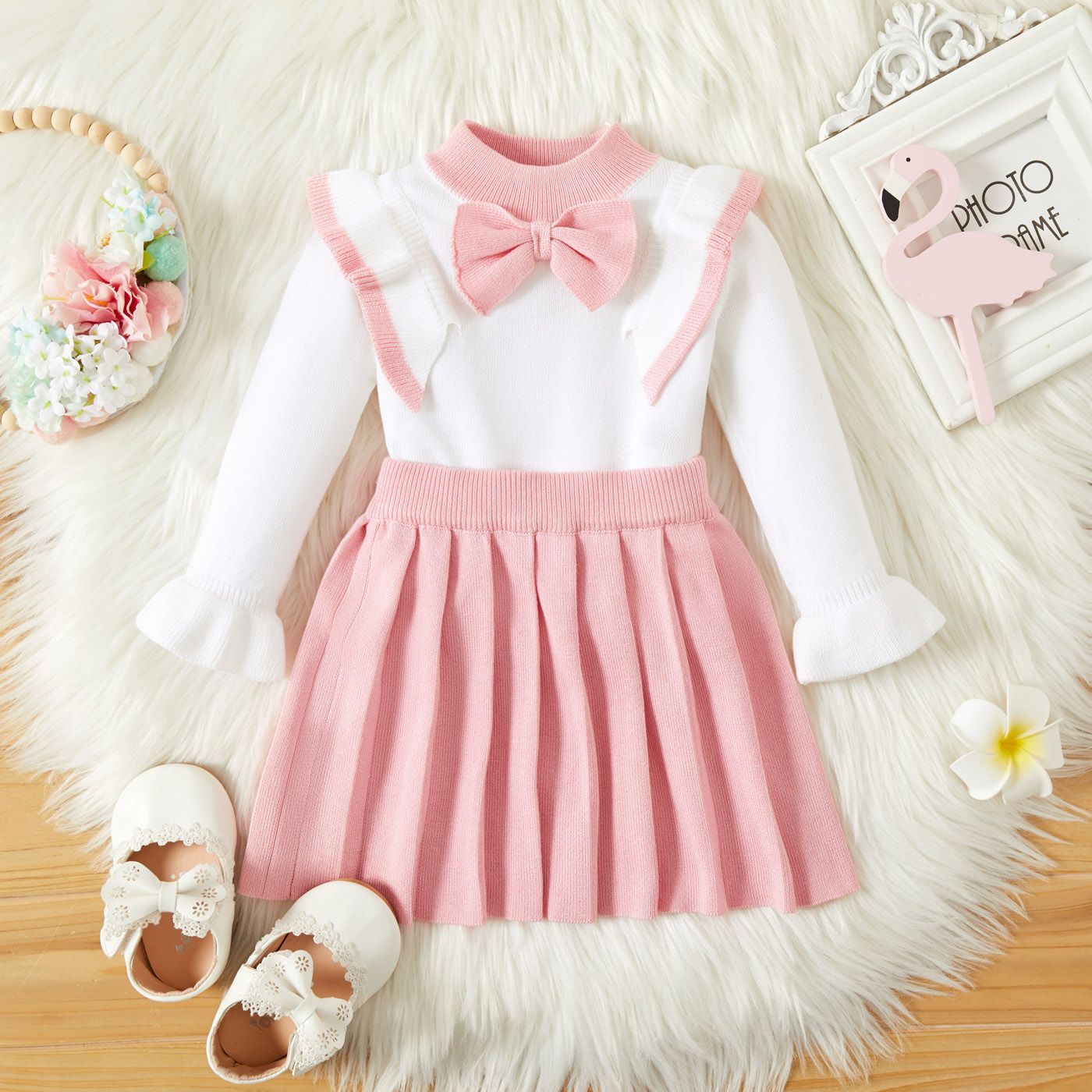 

2pcs Baby Pink Bowknot Ruffle Long-sleeve Knitted Sweater and Pleated Skirt Set