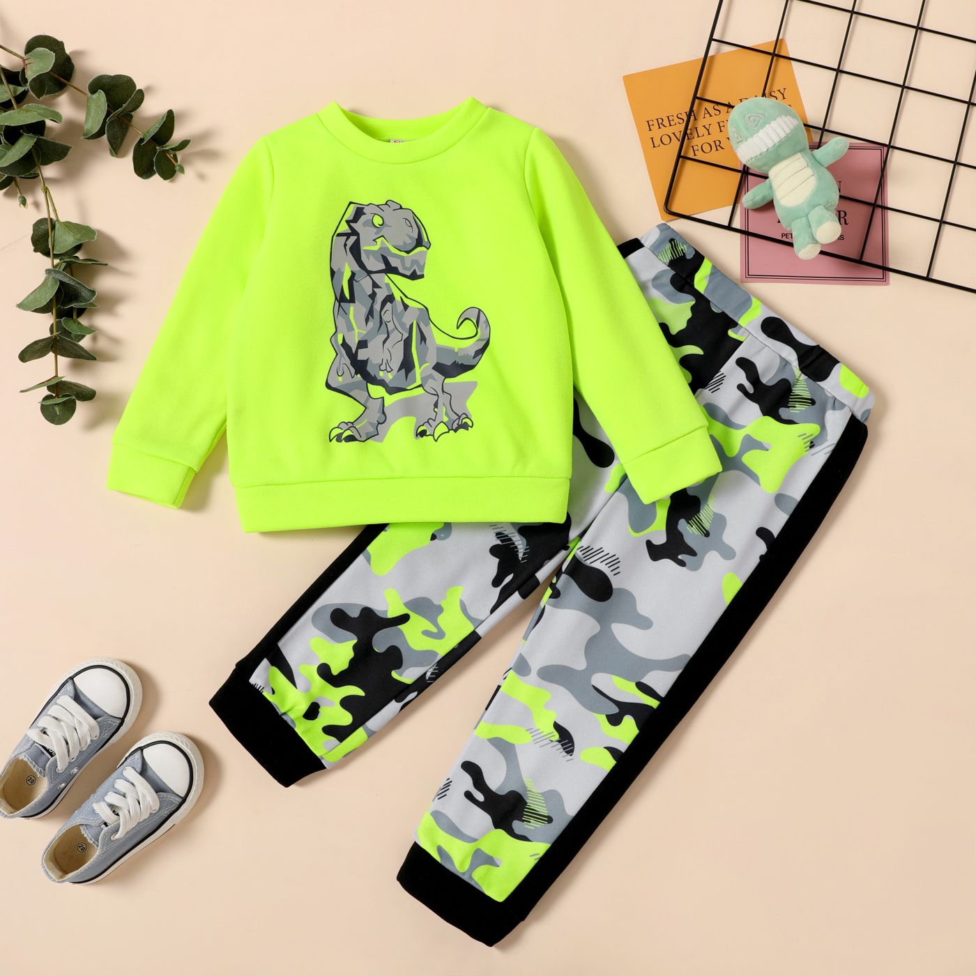

2-piece Toddler Boy Dinosaur Print Sweatshirt and Camouflage Print Pants Set