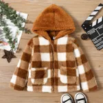 Toddler Girl Plaid Design Zipper Hooded Fluffy Jacket Coat Brown