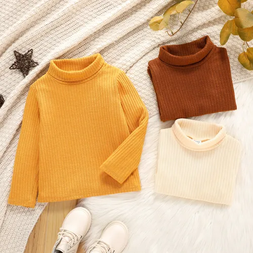 Toddler Girl Turtleneck Ribbed Solid Color Long-sleeve Tee for Spring and Autumn