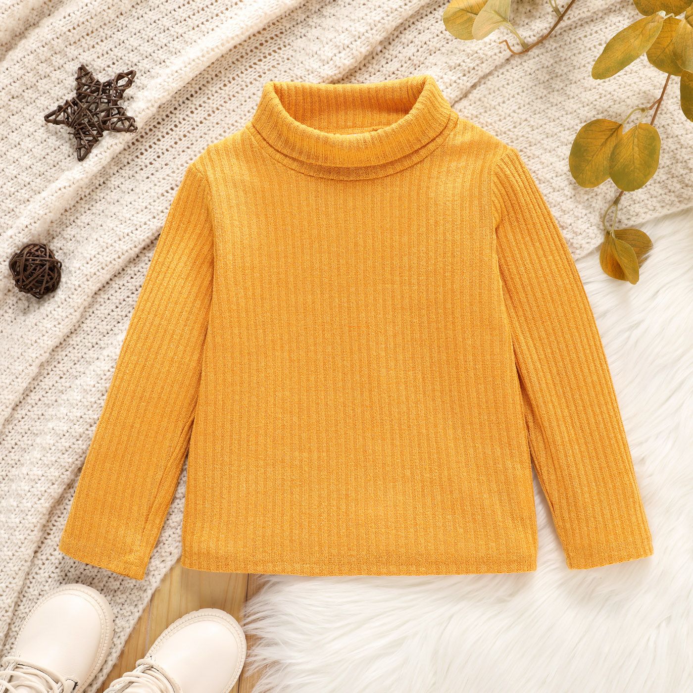 Toddler Girl Turtleneck Ribbed Solid Color Long-sleeve Tee For Spring And Autumn